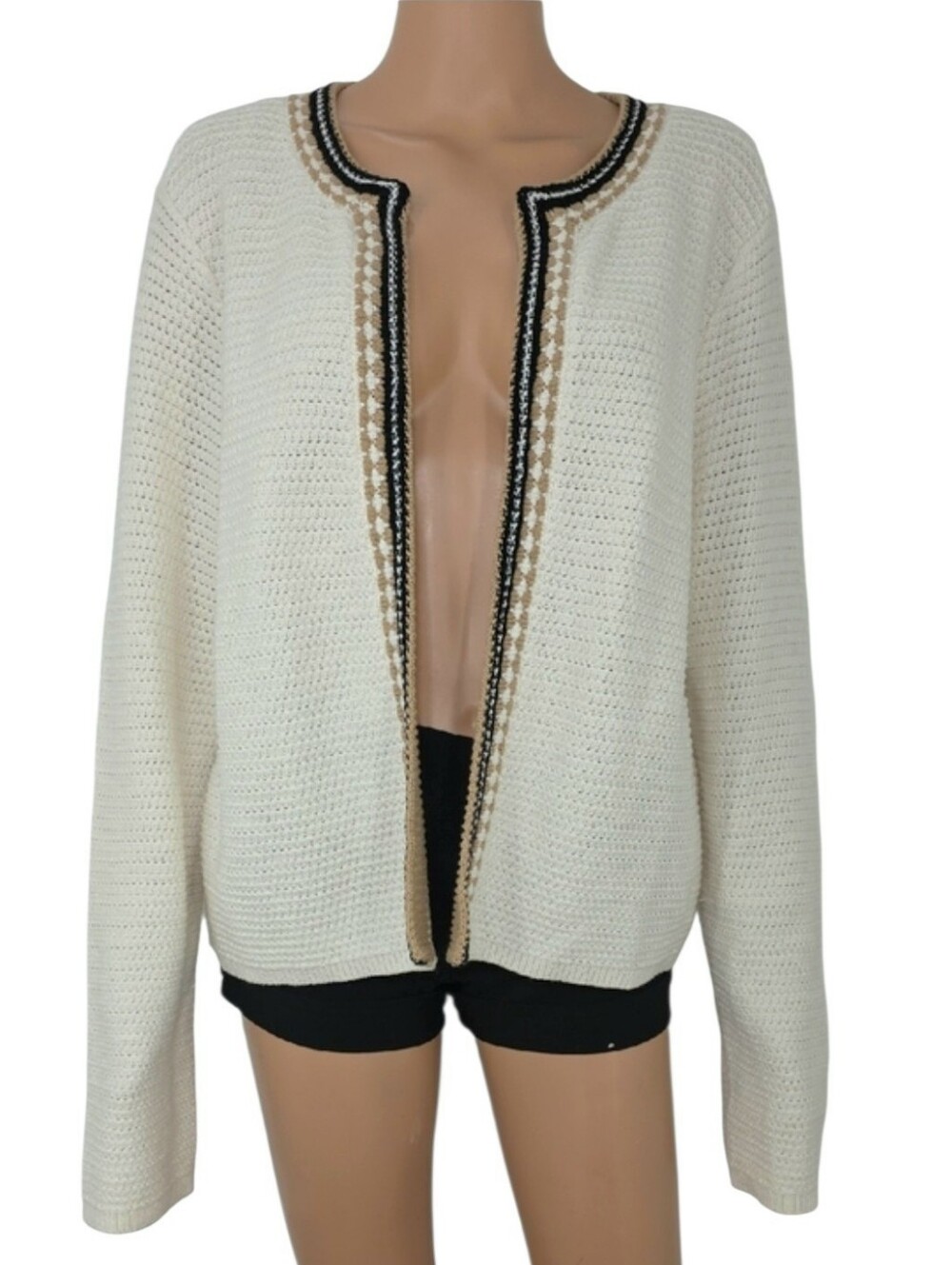 Ann Taylor Cream Open-Front Cardigan with Black and Tan Trim Size XL NWT 109$